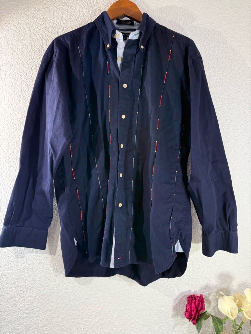 Men’s L Vintage 90s Tommy Hilfiger Regatta Button Down Navy Rope Piping Detail
